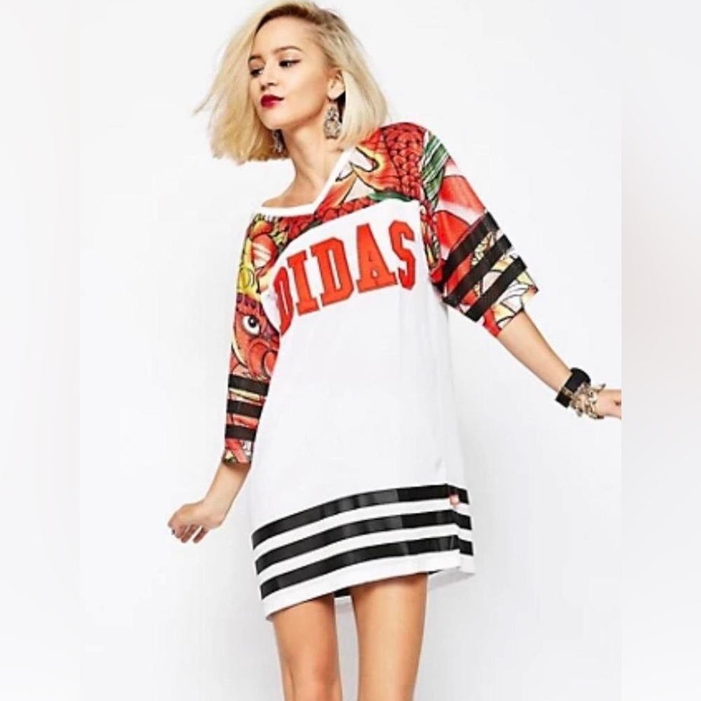 adidas White Dress with Red Graphic Sleeves